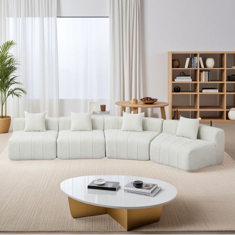 Sofá modular de 4 plazas en chenilla con 2 cojines, forma curvada semicircular, beige DESVIAE