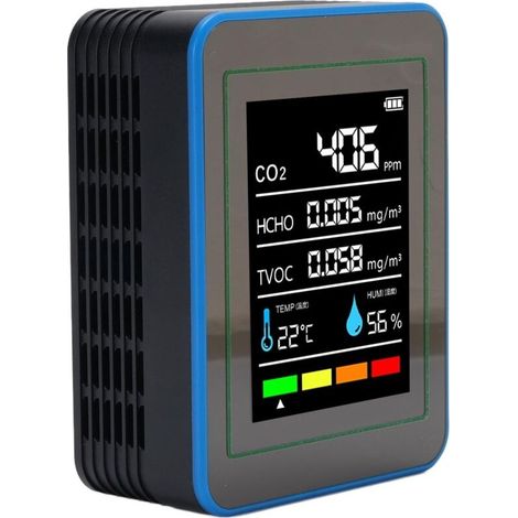 Détecteur de qualité de l'air 5 en 1, CO2 TVOC HCHO, détection de température et d'humidité, compteur Portable Rechargeable, noir et bleu (1/5)