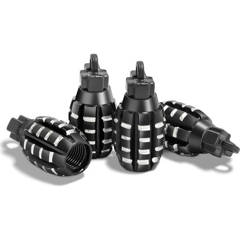 4 Pièces Bouchons Valve en Aluminium, Bouchons Valve en Forme De Grenade, Bouchons de Tige de Valve de Pneu, Anti-Poussière, pour Voitures, SUV, Vélos, Camions, Motos (Noir) (1/5)