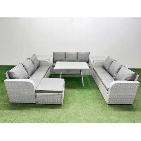 Fimous 10 Seat Outdoor PE Rattan Garden Furniture with Cushions 3 Seater Sofa 2 Side Tables Big Stool Light Grey (1/4)