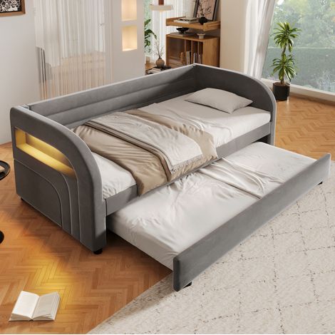 Cama nido tapizada 90x200 cm gris en franela aterciopelada con cama extraíble y LED (1/5)