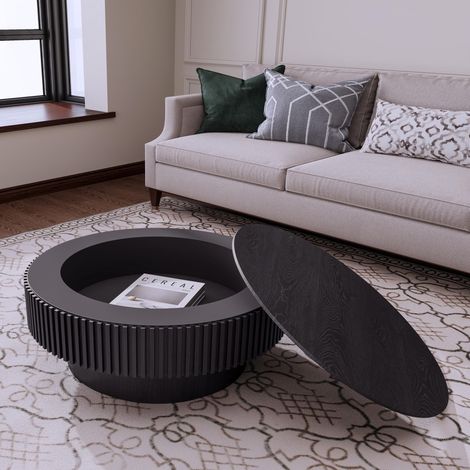 Table basse ronde de 75 cm avec rangement, en placage bois massif, style moderne, idéale pour le salon, la chambre, un appartement ou un bureau, couleur noire.