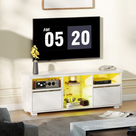 meuble télé pour téléviseur jusqu'à 55 pouces éclairage LED et télécommande étagères en verre blanc, Meuble TV 120 centimètres