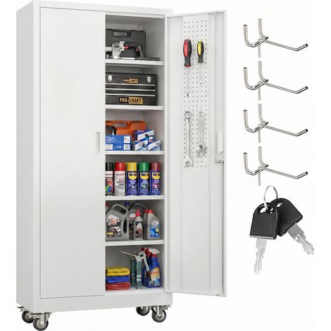 Armoire métallique AOBABO avec plateau suspendu et roulettes, équipée de 4 crochets, armoire à outils en acier verrouillable, adaptée au garage, dimensions 178 x 80 x 38 cm, blanche