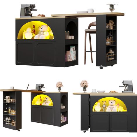 Table de bar Extensible Noire 135-205×39×100 cm,Îlot de cuisine avec LED connectée (App),Port USB,étagère snacks et réglables (1/5)