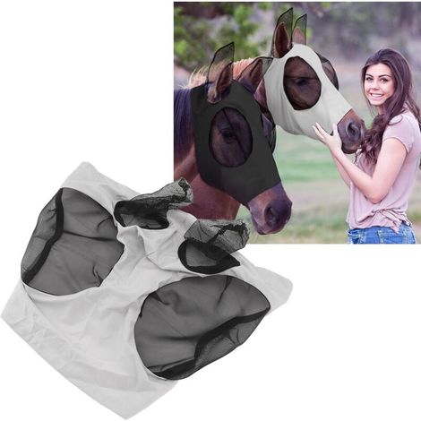 Masque anti-insectes pour cheval - Masque élastique respirant mesh avec protection des oreilles - Équipement équestrian - Gris - Matière: textile maille - Poids: 58g - Dimensions: 44x36cm