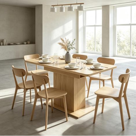 Mesa de comedor extensible 110/130 x 70 cm con almacenaje, efecto madera natural (1/5)
