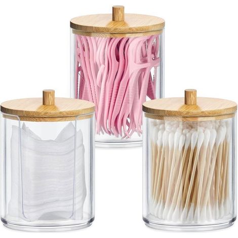 3pcs boîtes à cotons-tiges en acrylique avec couvercles en bambou, distributeur de cotons-tiges pour salon, chambre et salle de bain (1/5)