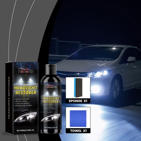 Scheinwerfer-Restaurierungs- und Reparaturflüssigkeit, Scheinwerferpflege, Staubentfernung, Polieren, Aufbereitung, Reinigung und Reparatur – 100 ml + Tuch + Schwamm -- DE (1/5)