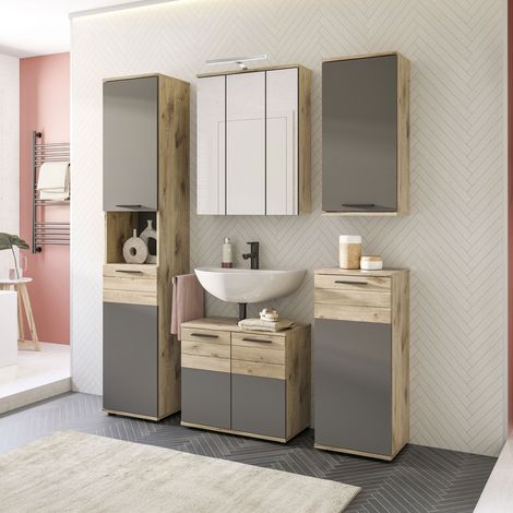 Ensemble 5 meubles de salle de bain + lampe chêne et anthracite- MAZON