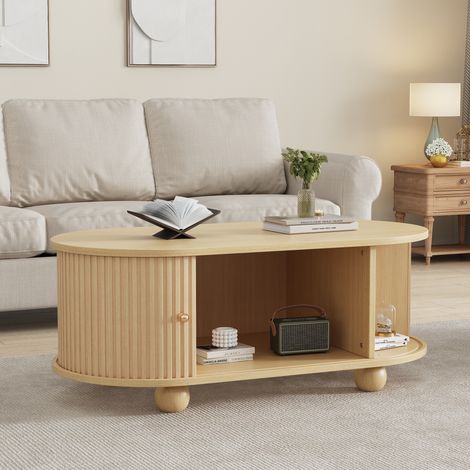 Table basse ovale avec espace de rangement et portes coulissantes Mobilier multifonctionnel économe de place dans les couleurs du bois