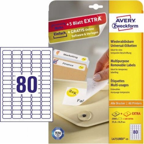 AVERY ZWECKFORM Universaletikett Avery Zweckform 35,6 x 16,9 mm (B x H) wieder ablösbar Papier weiß 2.400Etik./Pack. (1/5)