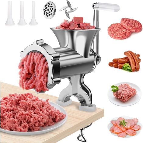 Hachoir à viande et poussoir à saucisses manuel en acier inoxydable - Hachoir à viande puissant à manivelle pour viande hachée et saucisses maison (1/5)