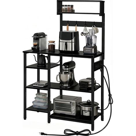 Relaxdays Küchenregal mit Steckdose & USB, HBT: 151x82x40 cm, Mikrowellen-Regal, Standregal, Holzoptik, Metall, schwarz