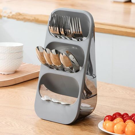 Égouttoir à couverts de comptoir à 3 niveaux - Support de vaisselle - Fourchette de table - Baguettes - Rangement pour ustensiles de cuisine (gris) (1/5)