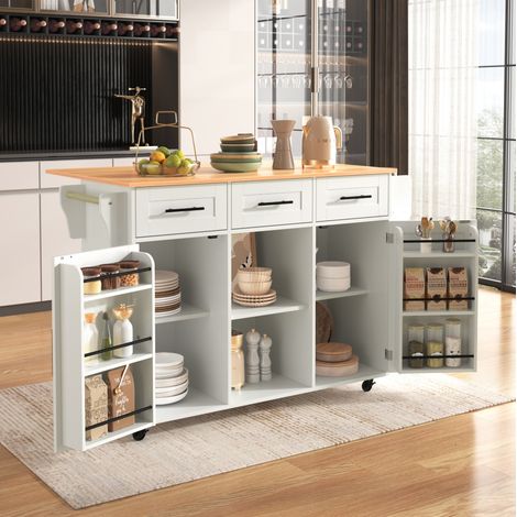 139x46(71)x91,5 cm großer Esswagen/Anrichte, Korpus weiß + Arbeitsplatte in Massivholzmaserung, klappbare Arbeitsplatte, Ablagetür, Rollen, auswechselbare Massivholzfüße, geeignet für Esszimmer, Küche (1/5)