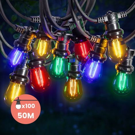 Guirlande Guinguette 50M 100 Bulbes Filament Rouge Bleu Jaune Vert - Guirlande Lumineuse Ampoule E27 Multicolore (1/5)