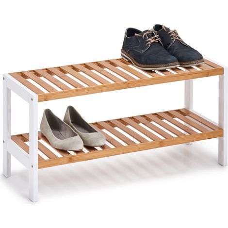 Schuhregal m. 2 Ablagen, Regal aus Bambus und Metall, kompakter Schuhschrank (1/2)