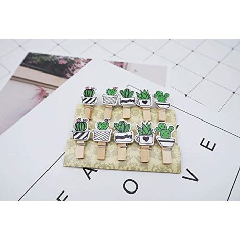 TrAdE Shop Traesio - Set 20pz Mollettine Cactus Di Legno Mollete Clip Corda Juta Decorazione Appendere Foto -