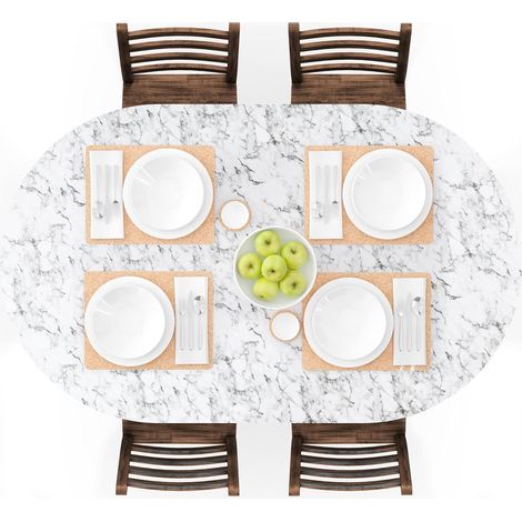 Nappe Ovale ajustée en Vinyle avec Bords élastiques et Revers en Flanelle, imperméable et Facile à Nettoyer – Convient aux Tables jusqu'à 106,7 x 172,7 cm (marbre Blanc) (1/5)