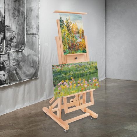 Chevalet professionnel en bois réglable en hauteur de 140 à 300 cm avec roulettes – Support Easel pour peinture et dessin, atelier, école d'art, salon, bois massif, naturel, pour artistes et étudiants (1/5)