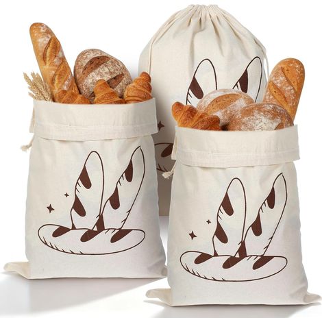 Juego de 3 bolsas de lino para pan, 31 x 39 cm, para pan y pasteles caseros, mantienen el pan fresco, con cordón ajustable. (1/5)