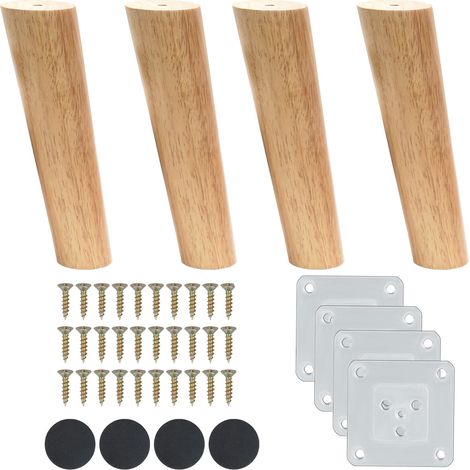 Lot de 4 Pieds de Meuble en Bois 18 cm avec Plaque de Montage, Vis et Tapis Antidérapant - Pieds Inclinés pour Canapé, Lit, Armoire, Tables et Chaises (1/5)