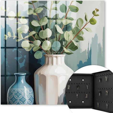Armoire à clés - (30 cm x 30 cm) - Boîte à clés murale - Coffret de rangement pour clés - Couleur noire - Ouverture vers la droite - Pour maison et bureau - Vases et feuilles (1/5)