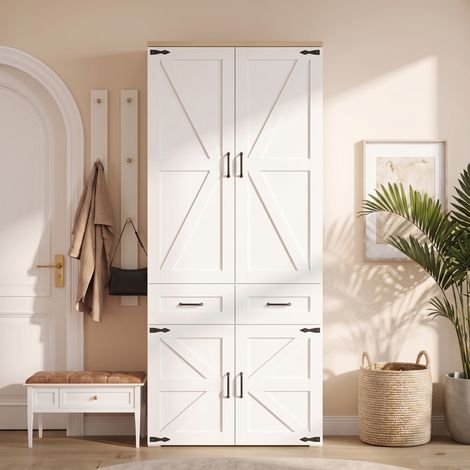 Armoire Penderie 4 Portes avec 5 Tiroirs 2 Tringles 90x50x200cm Garde-Robe de Chambre en MDF Blanc Style Campagne (1/5)