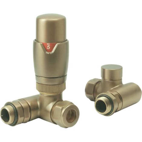 Heatwave Dual Fuel Brushed Brass Thermostatic Corner Radiator Valve Set