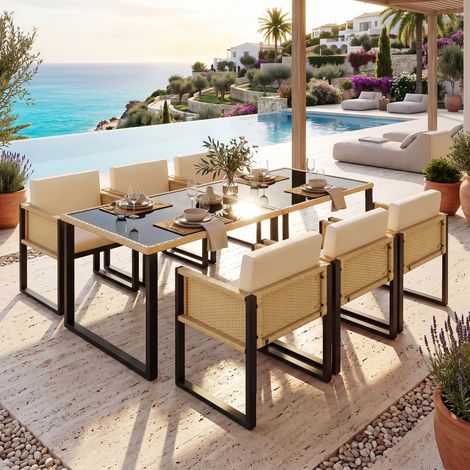 Ensemble table chaises jardin polyrotin repas 6 personnes fauteuils housses tissu amovibles lavables