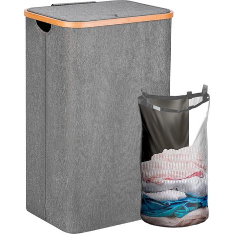Bambus-Wäschekorb, faltbar, mit Deckel und herausnehmbarem Wäschesack, 100 l, 74 x 41 x 33 cm, Textilmaterial, Grau (1/5)