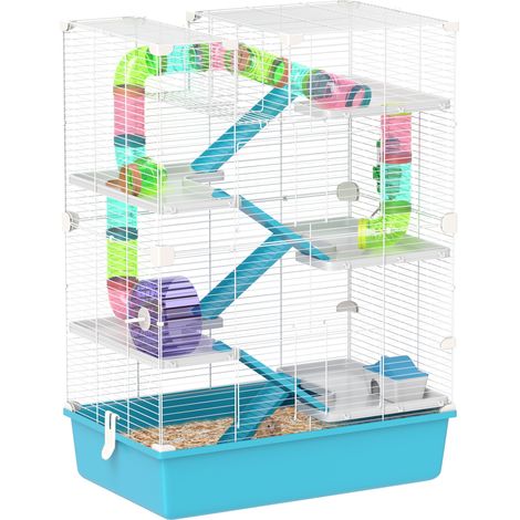 Cage a hamster 6 etages avec tubes tunnels cabane roue biberon rampes bleu clair