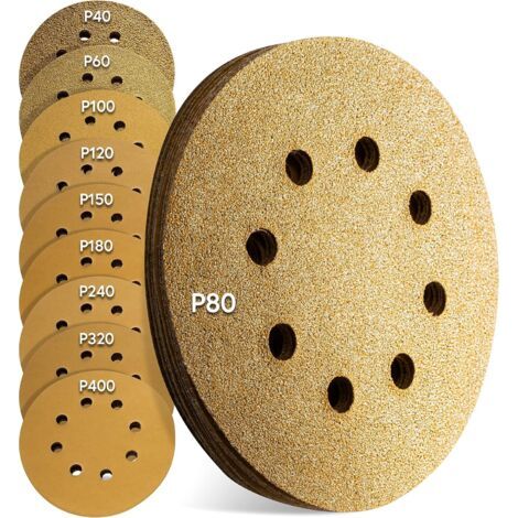 Premium Disques abrasifs excentriques 125mm Or, 100 pièces, 8 trous papier a poncer, disque poncage Papier abrasif universel Velcro 10 x P40 - P400 pour Bois, Métal et Peinture (1/5)