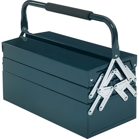Coffre à outils métallique pliable avec 5 compartiments, boîte de rangement atelier en acier robuste, mallette vide vert foncé 45x20x34,5 cm (1/5)