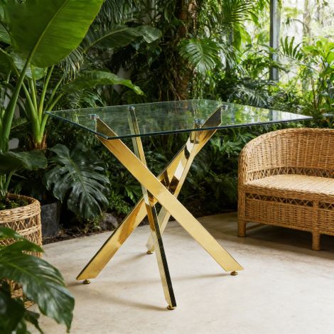 Dining Table with cross metal leg and tempered glass,Modern Space Saving Kitchen Table for Living Room,chrome legs,Square table,golden legs,80x80x75cm