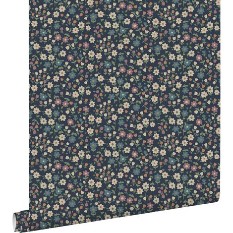 papier peint fleurs bleu foncé, rose lilas et vert grisé - ESTAhome
