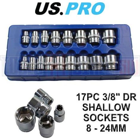 US PRO Shallow Socket Set 17pc 3/8"" Drive Socket 6 Point 8-24mm 1376 (1/4)