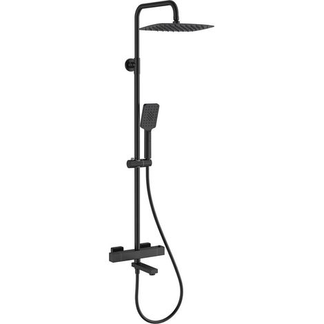 Columna de ducha termostática cuadrada con salida para bañera – Salida superior/inferior – Ducha de lluvia de 10" en plástico – Ducha de mano cuadrada – Negro mate