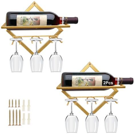 BUNTHAUS Supports Muraux pour Bouteilles de Vin en Métal, Rganisateur de Casier à Vin Suspendu Pliable pour 2 Bouteilles d'alcool, Étagère Murale Casier à Vin pour Cave De Bar De Cuisine (2, Gold-B) (1/5)