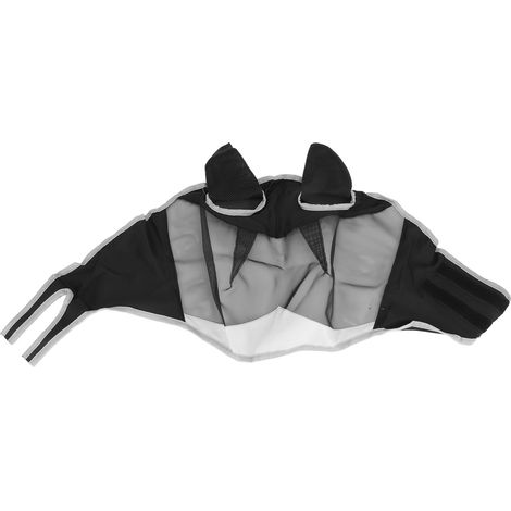 Masque anti-mouches en maille fine respirante pour cheval, protège des morsures, avec oreilles et nez long, noir et gris, taille M (1/5)