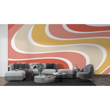 Papier peint rétro - grandes vagues orange et beige - 150 x 250 cm (1/2)