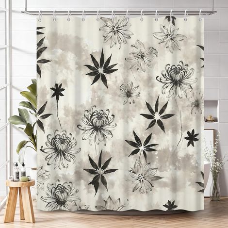 Cortina de ducha negra con estampado floral y ganchos, tejido impermeable, estampado floral acuarela, 180 x 180 cm, poliéster. (1/4)