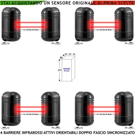 Doppio Raggio Infrarosso Attivo Barriera Orientabile 4 Pezzi Segnala Allarme Passaggio Estraneo Protezione Portata 120 MT Interno 60 MT Esterno Collegamento Filare Alim. 12 V Sensore Lineare Antifurto (1/4)