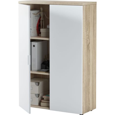 Pegane – Armoire de rangement bureau 2 portes – Dimensions 119 x 80 x 33 cm – Mélamine chêne canadian et blanc – Rangement moderne et pratique