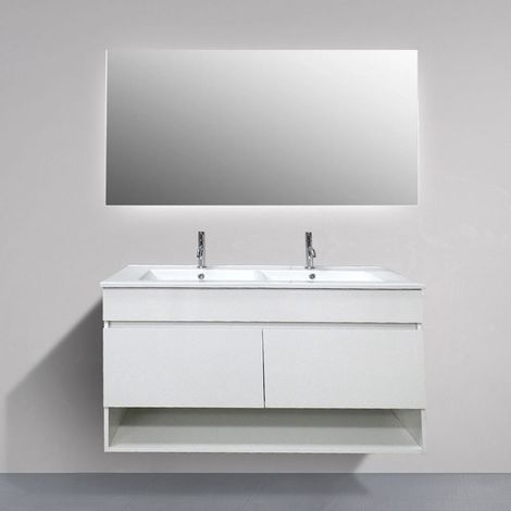 Ducha – Meuble double vasque suspendu 120 cm avec miroir – 2 portes – Finition blanche élégante – Lavabo en céramique avec trous pour robinets (1/3)
