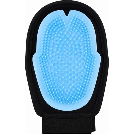 Gants de toilettage pour chiens et chats – Gant double face anti-mue, brosse massante et dépilatoire pour poils morts (Bleu clair) (1/5)