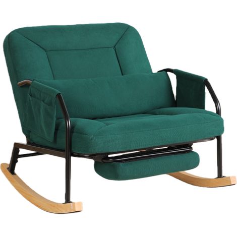 Fauteuil à bascule spacieux avec repose-pieds, dossier réglable, cuir côtelé vert, structure métal et bois (1/5)