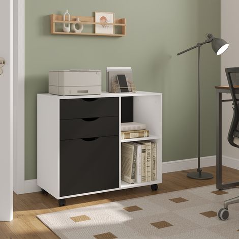 Meuble de Rangement WOLTU, armoire à dossier, avec 3 Tiroirs et 2 Compartiments Ouverts, 80x39,5x69,5 cm, en Bois d'Ingénierie, Blanc+Noir (1/5)