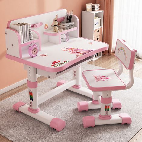 WILITTO Bureau d'étude pour enfants chaises ensemble, hauteur réglable, chaise ergonomique, bureau avec motif de dessin animé, 75,5 × 48,5 × 101 cm, rose (1/5)